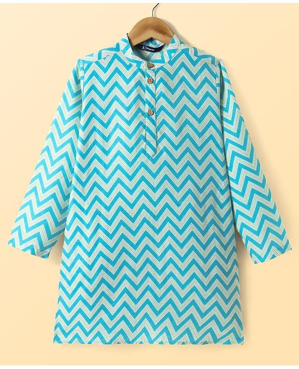Pine Kids Cotton Woven Full Sleeves Kurta & Pyjama Set with  Print - Light Blue
