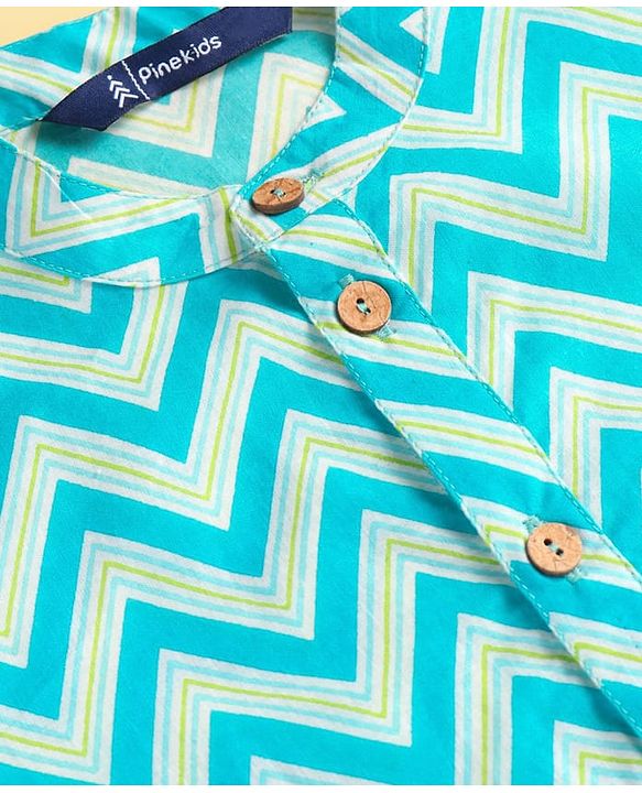 Pine Kids Cotton Woven Full Sleeves Kurta & Pyjama Set with  Print - Light Blue