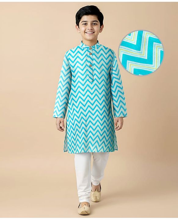 Pine Kids Cotton Woven Full Sleeves Kurta & Pyjama Set with  Print - Light Blue