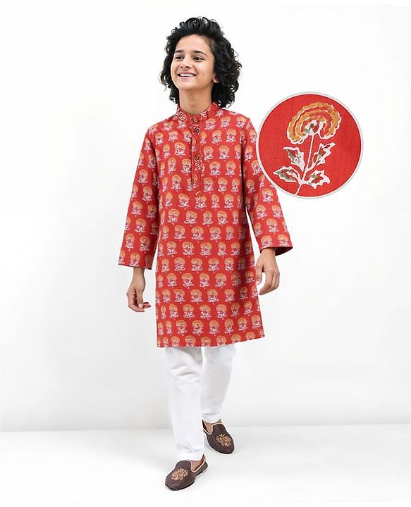 Pine Kids Cotton Woven Full Sleeves Floral Printed Kurta Pyjama Set - Rust Orange