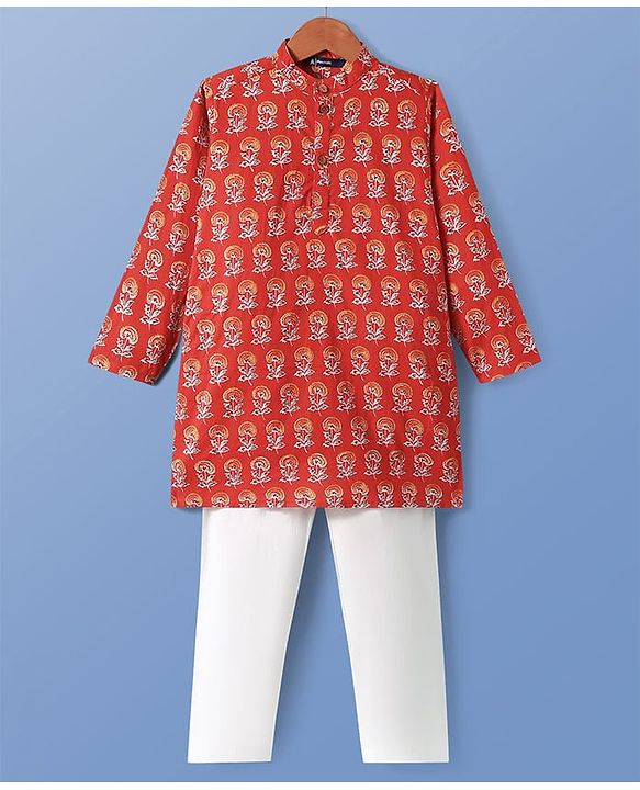 Pine Kids Cotton Woven Full Sleeves Floral Printed Kurta Pyjama Set - Rust Orange