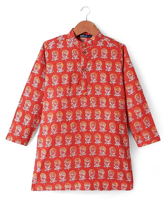 Pine Kids Cotton Woven Full Sleeves Floral Printed Kurta Pyjama Set - Rust Orange