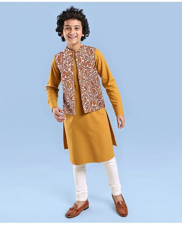 Pine Kids Cotton Woven Full Sleeves Kurta & Pyjama Set With Floral Printed Jacket - Mustard