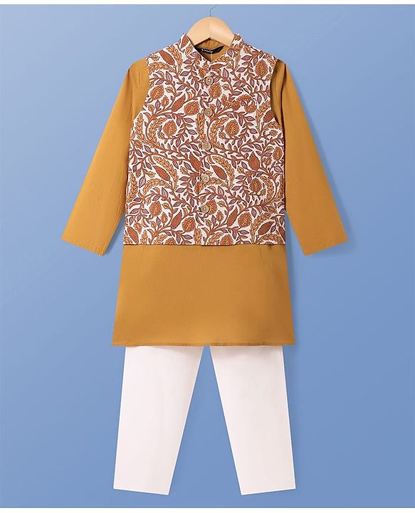 Pine Kids Cotton Woven Full Sleeves Kurta & Pyjama Set With Floral Printed Jacket - Mustard