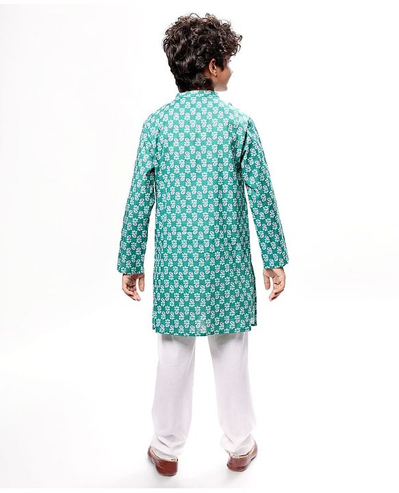 Pine Kids Cotton Woven Full Sleeves Floral Print Kurta Pyjama Set - Teal Blue