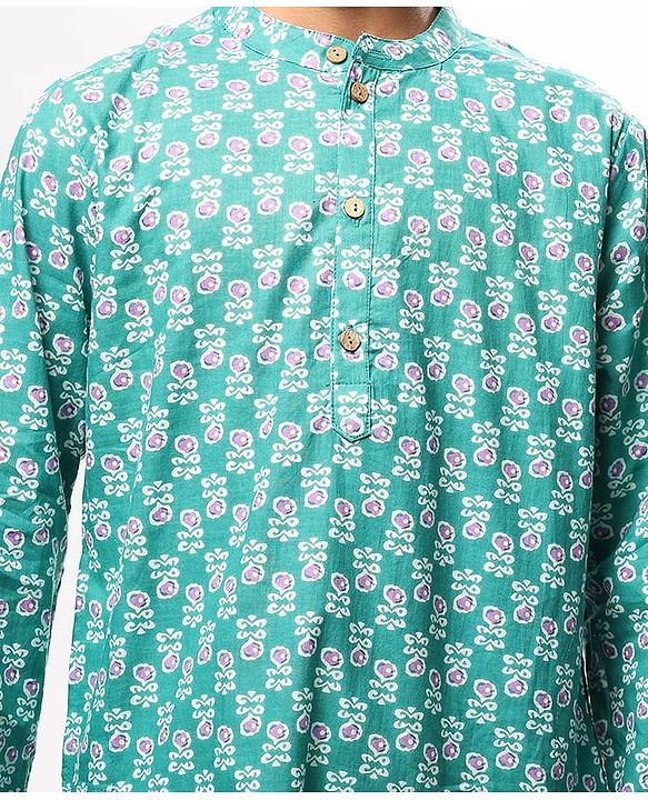 Pine Kids Cotton Woven Full Sleeves Floral Print Kurta Pyjama Set - Teal Blue