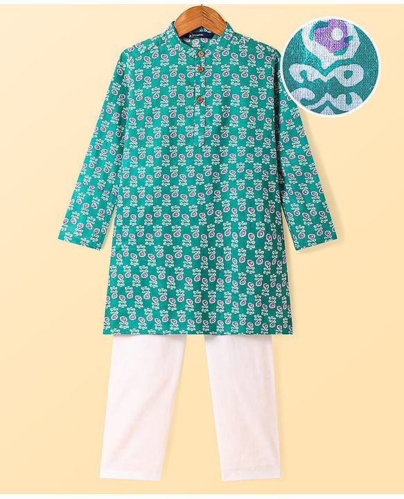 Pine Kids Cotton Woven Full Sleeves Floral Print Kurta Pyjama Set - Teal Blue