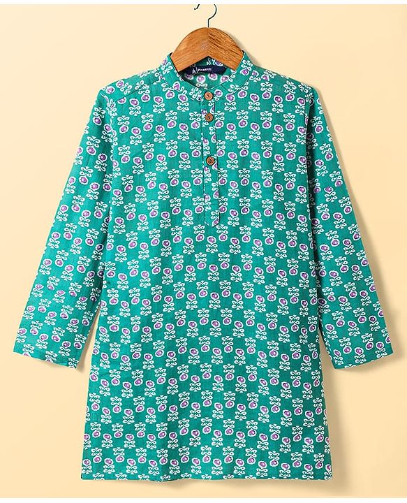 Pine Kids Cotton Woven Full Sleeves Floral Print Kurta Pyjama Set - Teal Blue