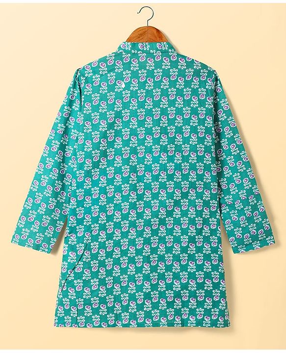 Pine Kids Cotton Woven Full Sleeves Floral Print Kurta Pyjama Set - Teal Blue