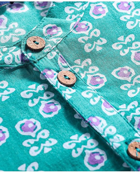Pine Kids Cotton Woven Full Sleeves Floral Print Kurta Pyjama Set - Teal Blue