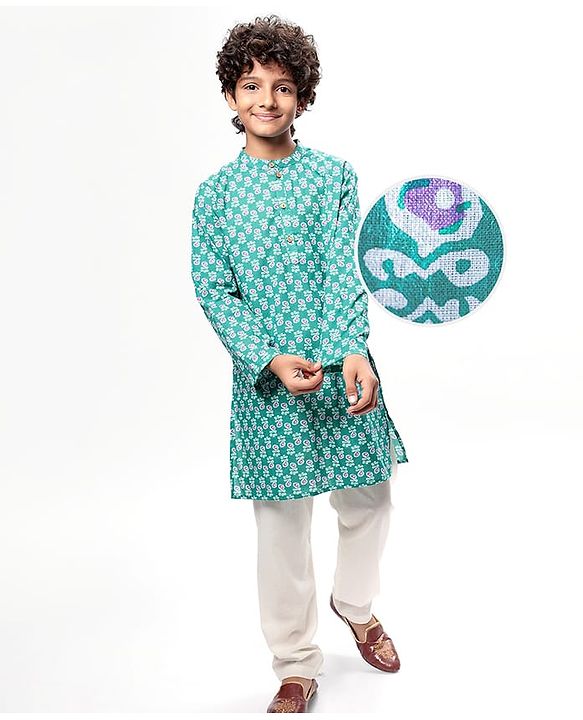 Pine Kids Cotton Woven Full Sleeves Floral Print Kurta Pyjama Set - Teal Blue