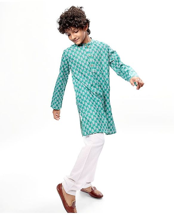 Pine Kids Cotton Woven Full Sleeves Floral Print Kurta Pyjama Set - Teal Blue
