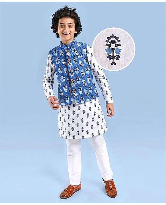 Pine Kids Cotton Woven Full Sleeves Kurta Pyjama Set with Jacket Floral Print - White & Blue