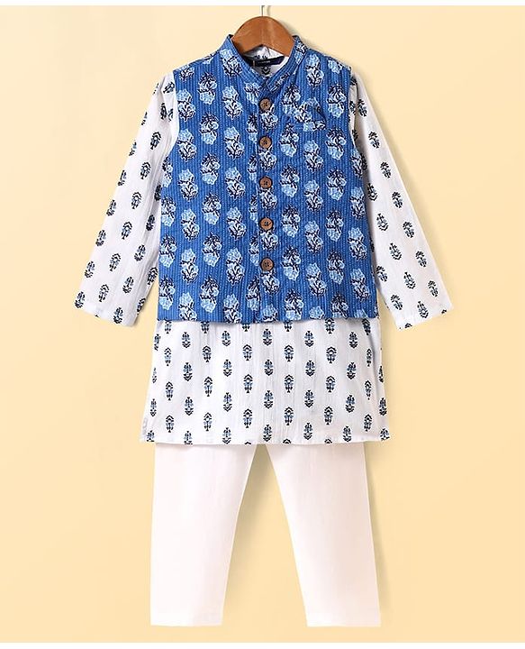 Pine Kids Cotton Woven Full Sleeves Kurta Pyjama Set with Jacket Floral Print - White & Blue
