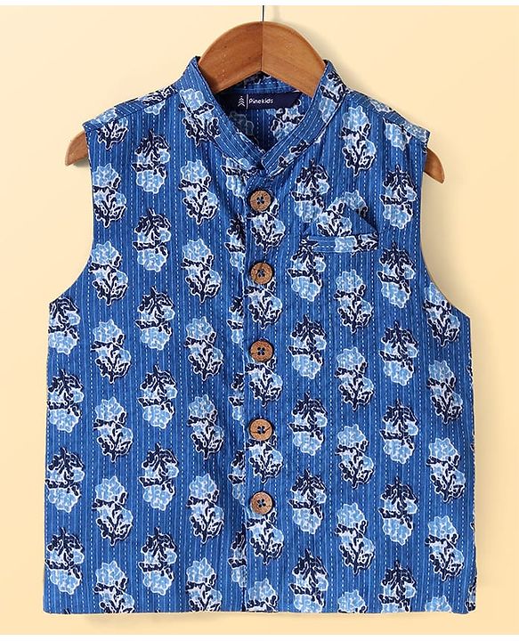 Pine Kids Cotton Woven Full Sleeves Kurta Pyjama Set with Jacket Floral Print - White & Blue