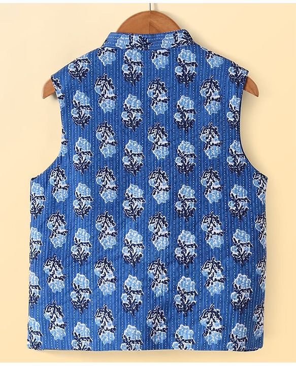 Pine Kids Cotton Woven Full Sleeves Kurta Pyjama Set with Jacket Floral Print - White & Blue