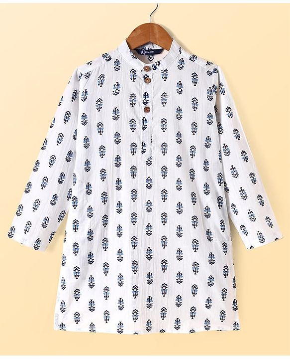 Pine Kids Cotton Woven Full Sleeves Kurta Pyjama Set with Jacket Floral Print - White & Blue