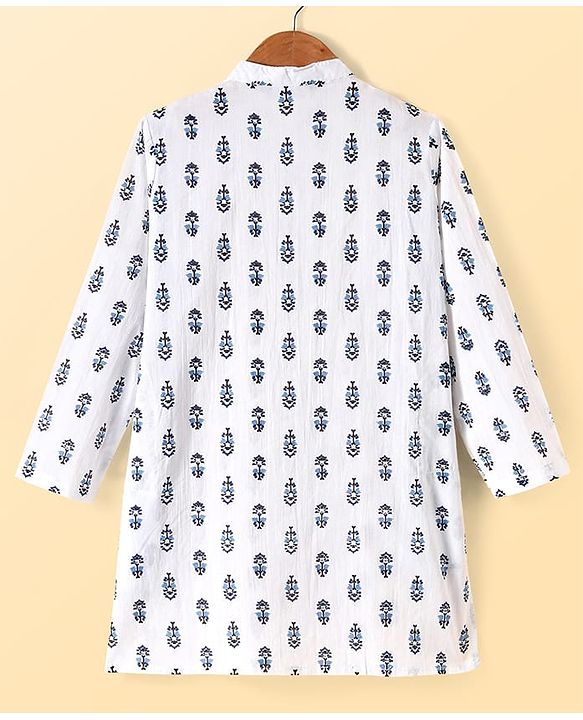 Pine Kids Cotton Woven Full Sleeves Kurta Pyjama Set with Jacket Floral Print - White & Blue