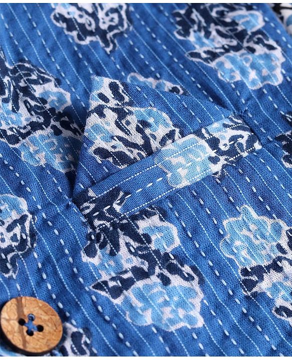 Pine Kids Cotton Woven Full Sleeves Kurta Pyjama Set with Jacket Floral Print - White & Blue