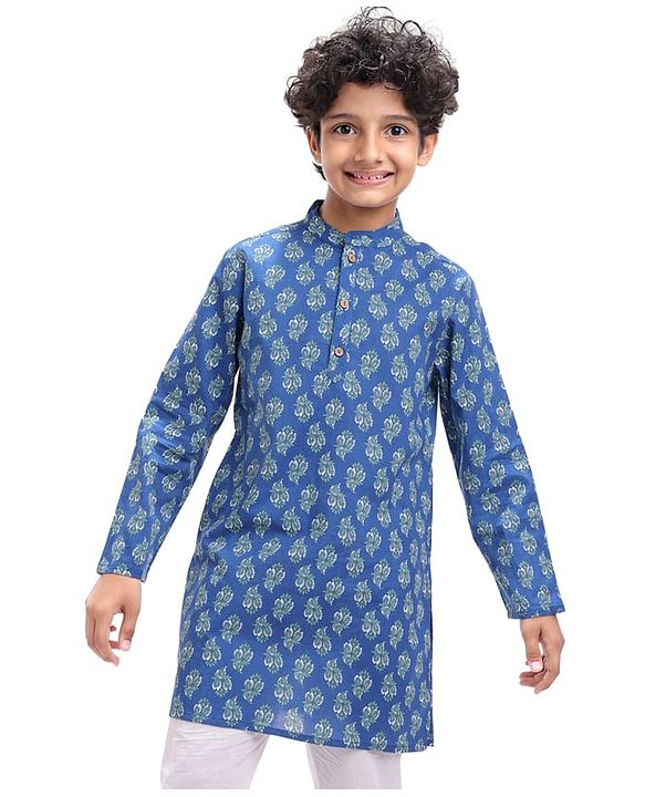 Pine Kids Cotton Woven Kurta with Floral Print - Navy Blue