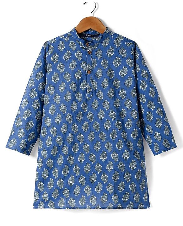 Pine Kids Cotton Woven Kurta with Floral Print - Navy Blue