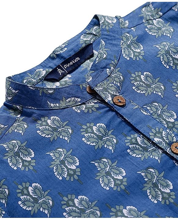 Pine Kids Cotton Woven Kurta with Floral Print - Navy Blue