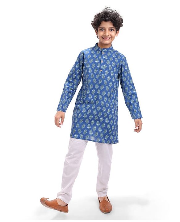 Pine Kids Cotton Woven Kurta with Floral Print - Navy Blue