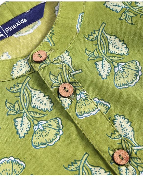 Pine Kids Cotton Woven Full Sleeves Floral Printed Kurta - Olive Green