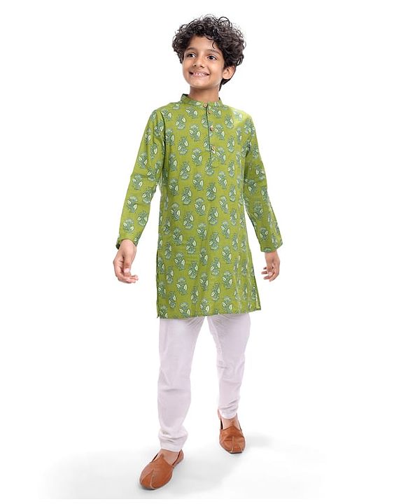 Pine Kids Cotton Woven Full Sleeves Floral Printed Kurta - Olive Green