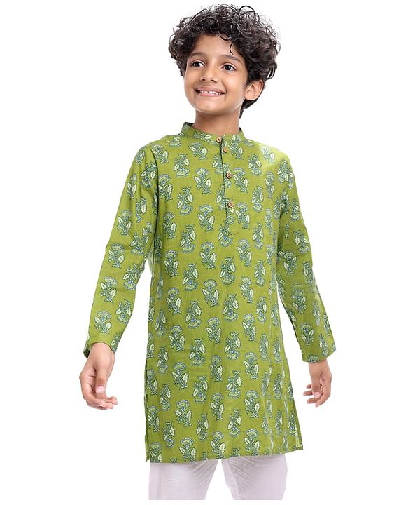 Pine Kids Cotton Woven Full Sleeves Floral Printed Kurta - Olive Green