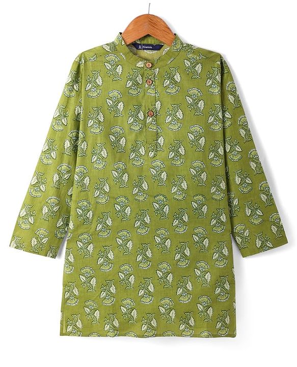 Pine Kids Cotton Woven Full Sleeves Floral Printed Kurta - Olive Green