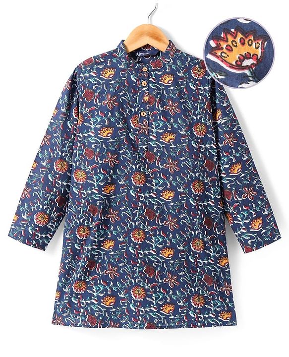 Pine Kids Cotton Woven Full Sleeves Kurta with Floral Print - Navy Blue