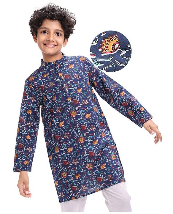Pine Kids Cotton Woven Full Sleeves Kurta with Floral Print - Navy Blue