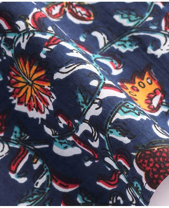 Pine Kids Cotton Woven Full Sleeves Kurta with Floral Print - Navy Blue
