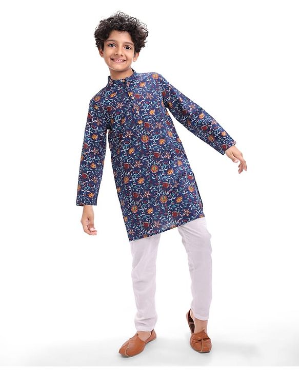 Pine Kids Cotton Woven Full Sleeves Kurta with Floral Print - Navy Blue