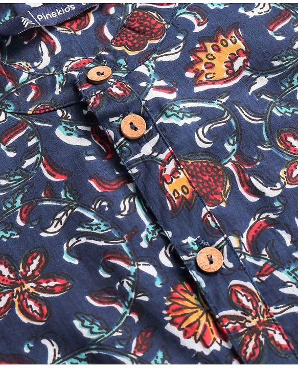 Pine Kids Cotton Woven Full Sleeves Kurta with Floral Print - Navy Blue