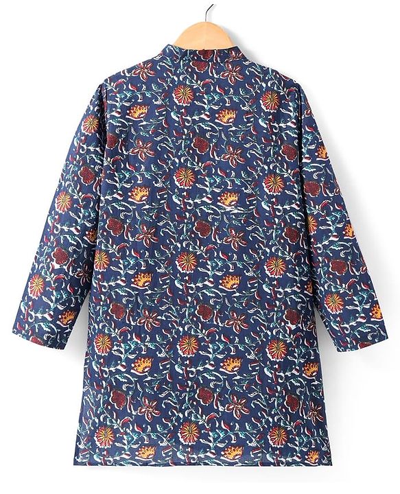 Pine Kids Cotton Woven Full Sleeves Kurta with Floral Print - Navy Blue