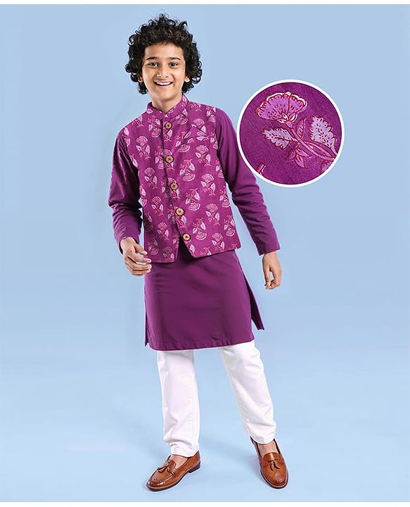 Pine Kids Cotton Woven Full Sleeves Kurta Pajama Set With Floral Printed Jacket- Purple