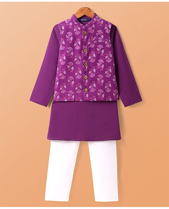 Pine Kids Cotton Woven Full Sleeves Kurta Pajama Set With Floral Printed Jacket- Purple