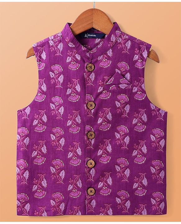 Pine Kids Cotton Woven Full Sleeves Kurta Pajama Set With Floral Printed Jacket- Purple