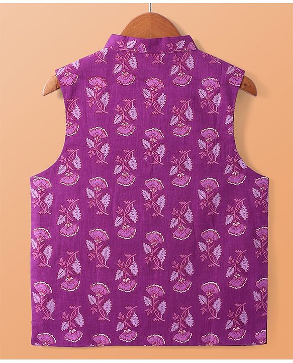 Pine Kids Cotton Woven Full Sleeves Kurta Pajama Set With Floral Printed Jacket- Purple