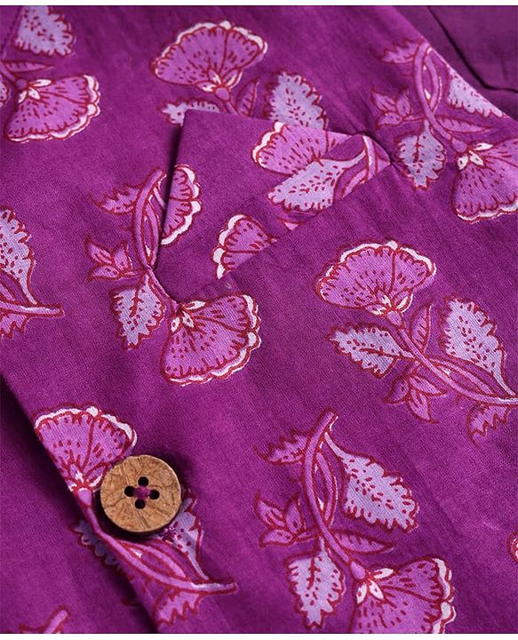 Pine Kids Cotton Woven Full Sleeves Kurta Pajama Set With Floral Printed Jacket- Purple