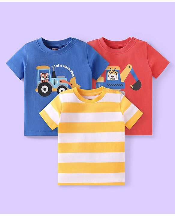 Babyhug Cotton Knit Half Sleeves T-Shirts with Stripes & Vehicle Print Pack of 3 - Blue Red & White