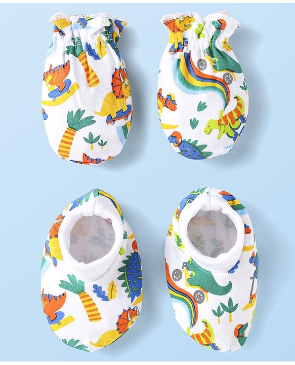 Babyhug 100% Cotton Interlock Knit Mittens & Booties Set With Dino Print - White