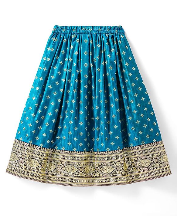 Babyhug Woven Half Puff Sleeves Pattu Pavda Brocade Choli With Lehenga & Dupatta Set & Tassel Detailing - Teal Blue