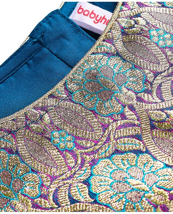 Babyhug Woven Half Puff Sleeves Pattu Pavda Brocade Choli With Lehenga & Dupatta Set & Tassel Detailing - Teal Blue