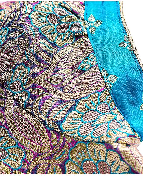 Babyhug Woven Half Puff Sleeves Pattu Pavda Brocade Choli With Lehenga & Dupatta Set & Tassel Detailing - Teal Blue