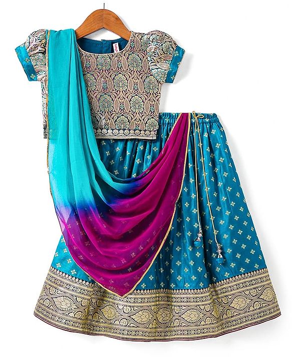 Babyhug Woven Half Puff Sleeves Pattu Pavda Brocade Choli With Lehenga & Dupatta Set & Tassel Detailing - Teal Blue
