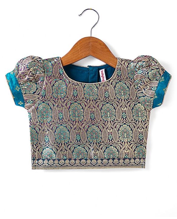 Babyhug Woven Half Puff Sleeves Pattu Pavda Brocade Choli With Lehenga & Dupatta Set & Tassel Detailing - Teal Blue