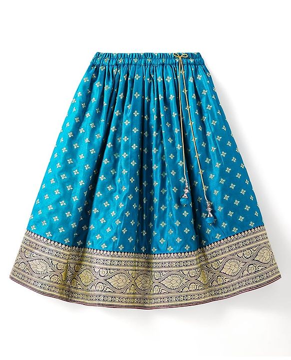Babyhug Woven Half Puff Sleeves Pattu Pavda Brocade Choli With Lehenga & Dupatta Set & Tassel Detailing - Teal Blue